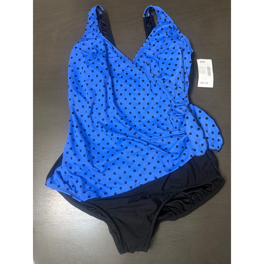Longitude Womens 20W Blue Polka Dot Faux Wrap One Piece Swimsuit New